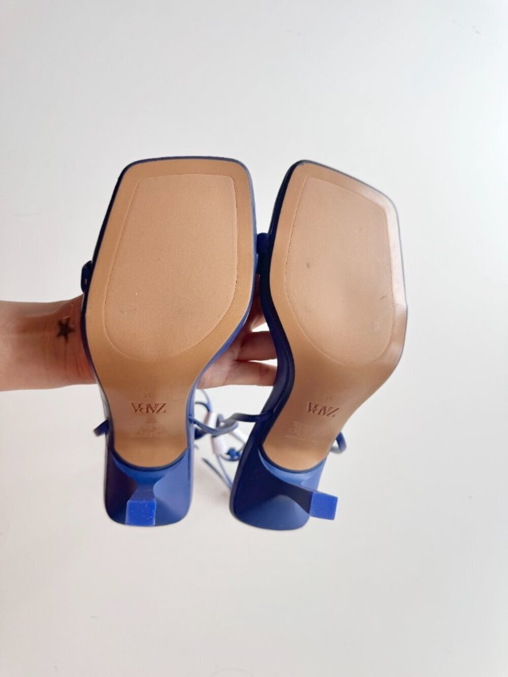 NWOT ZARA Blue Leather Square Toe Strappy High Heel Wraparound Sandals, Size 35 - Picture 13 of 14